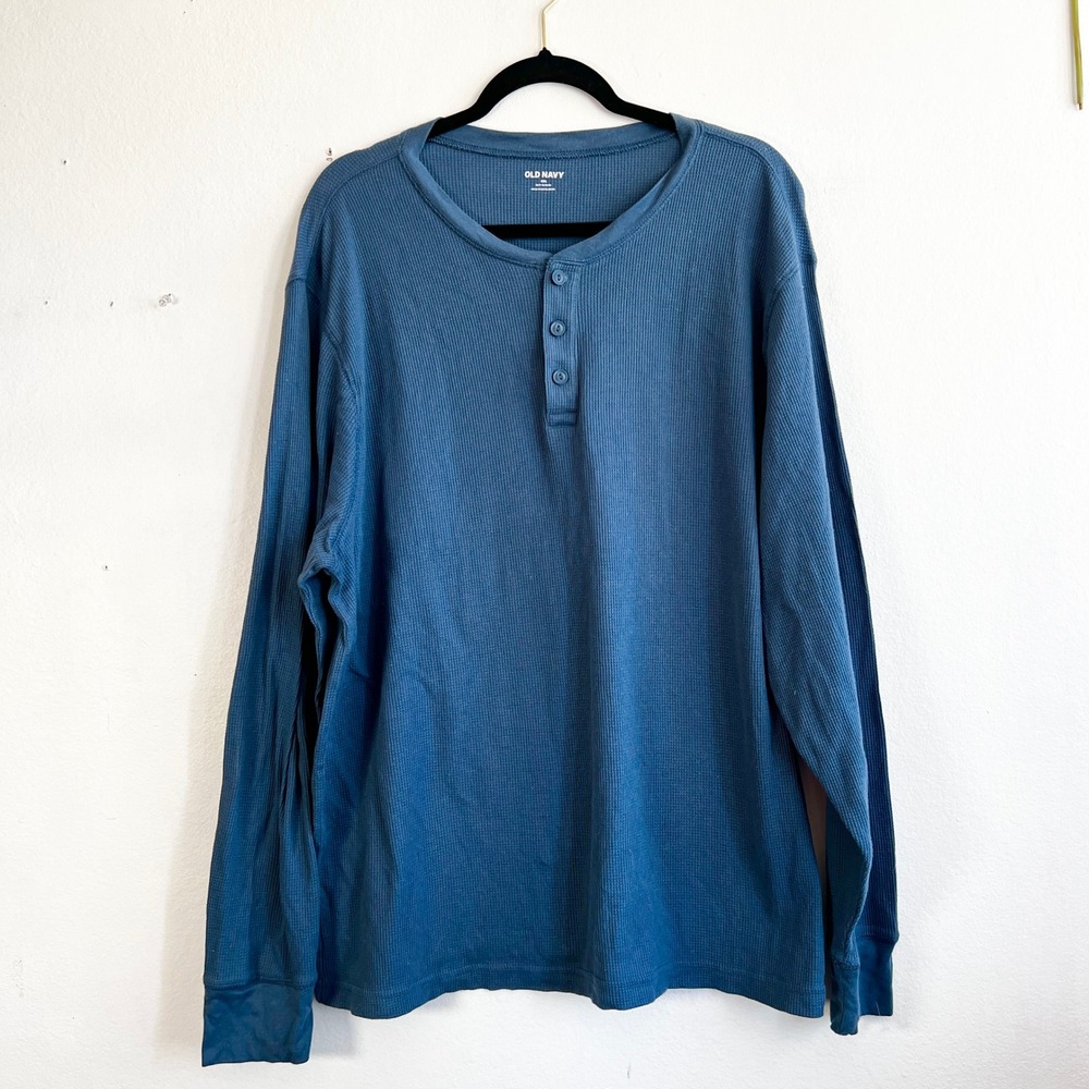 Old Navy Waffle Knit Long Sleeve T Shirt Mens XXL Blue Thermal Henley Crewneck‎